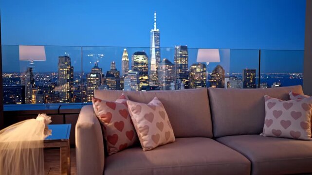 A luxurious sofa with heart pillows overlooks a stunning city skyline at dusk. The iconic One World Trade Center glows against the deep blue sky.