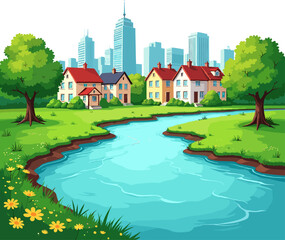 City park river landscape with green trees, calm water, urban skyline and peaceful nature scenery