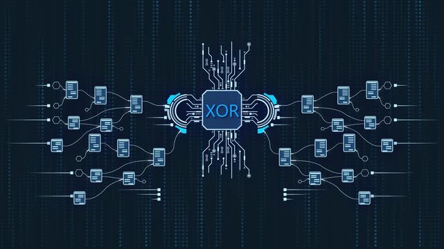 X O R gate digital circuit technology concept with microchip and data exchange connections on dark background with code