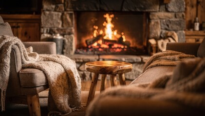 Naklejka premium Warm lodge fireplace scene with flickering flames sharply detailed soft outoffocus wool throws and natural wood stools arranged around the stone hearth.