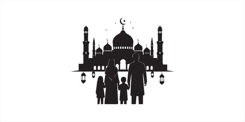 Obraz premium Muslim family enjoying iftar meal together during Ramadan on White background,Family iftar together vector icon black silhouette white background ,black,pro
