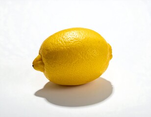 Single bright yellow lemon isolated on a white surface, casting a soft shadow