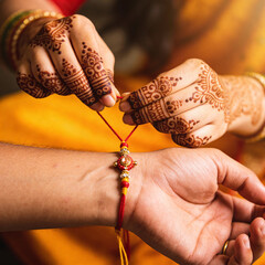 Woman tying Rakhi on brother's wrist with henna designs in celebration  
