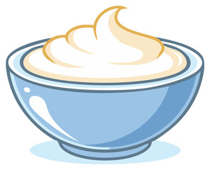 Bowl of sour cream, whipped cream, or yogurt dip cartoon vector illustration