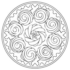 Fototapeta premium Decorative circular pattern with floral and swirl elements, coloring book page.