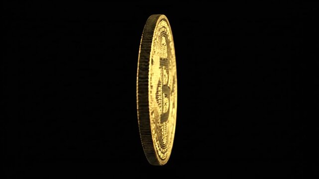 Golden Bitcoin coin spinning on a black background, representing digital currency and blockchain technology.