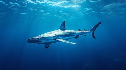 Naklejka premium Great White Shark Swimming Underwater in Ocean with Sunlight