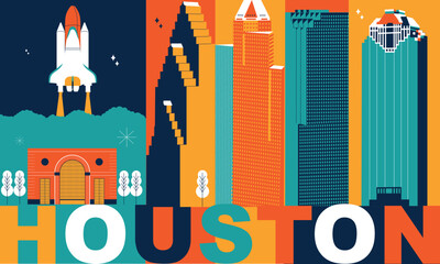 Naklejka premium Houston culture travel set, American famous architectures, USA in flat design. Texas business travel and tourism concept clipart. Image for presentation, banner, website, advert, flyer, roadmap, icons
