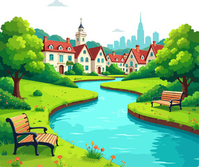 City park river landscape with green trees, calm water, urban skyline and peaceful nature scenery