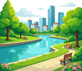 City park river landscape with green trees, calm water, urban skyline and peaceful nature scenery