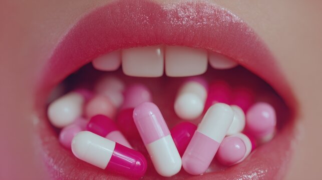Close-up of an open mouth holding colorful pills on the tongue. Visual metaphor of medication and dietary supplement abuse, dependency, self-medication, and health risks in modern society.