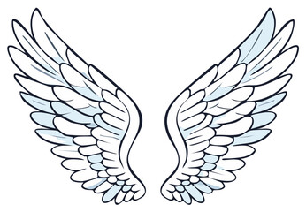 Fototapeta premium Vector Illustration of Symmetrical White Angel Wings with Blue Shading and Black Outline