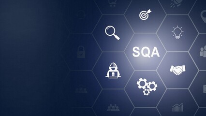 Fototapeta premium SQA, Software Quality Assurance concept. Verifying a software meets the required quality standards and user or customer's needs and expectations. Testing, inspection icon background animation