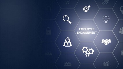 Obraz premium Employee engagement and team motivation. Productive people, inspiration. Common goals of the company and employees for sustainability. Touching on employee engagement text icon background animation
