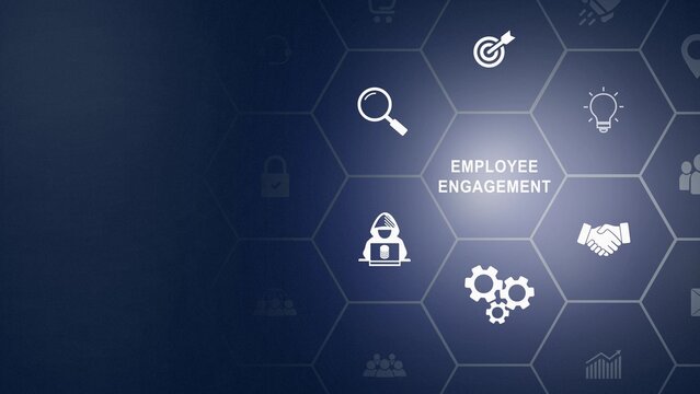 Employee engagement and team motivation. Productive people, inspiration. Common goals of the company and employees for sustainability. Touching on employee engagement text icon background animation