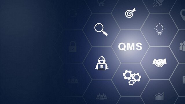 QMS, Quality management system concept. Formalized system for achieving quality policies and objectives. ISO 9001 standard. Wooden cubes with abbreviation of QMS and icon background animation