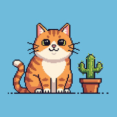 Pixel Art Orange Cat Sitting Near Cactus.