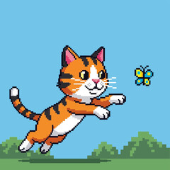 Pixel Art Orange Tabby Cat Jumping.