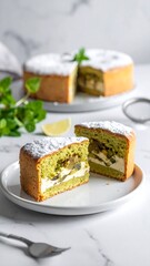 Sliced pistachio cake with creamy filling dusted with sugar on a white marble surface