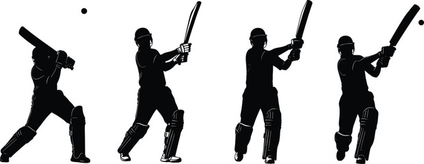 Obraz premium Cricket batting sequence silhouette—vector of four action phases with bat, ball, helmet, gloves, and pads