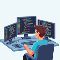 Programmer Working on Multiple Monitors.