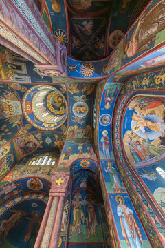 View of vibrant frescoes dance across the arched ceiling, a symphony of color and devotion in the air, Ljubljana, Ljubljana, Slovenia.