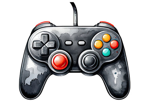 A black video game controller with red and green buttons, perfect for gaming or retro technology themes