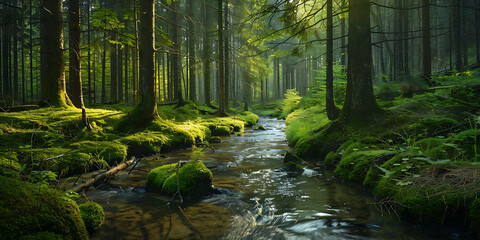 Obraz premium Tranquil forest with sunlight streaming through tall trees illuminating lush green undergrowth and gentle stream