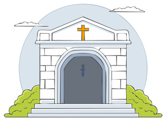 Fototapeta premium Simple vector illustration of a stone mausoleum with a Christian cross and an arched doorway