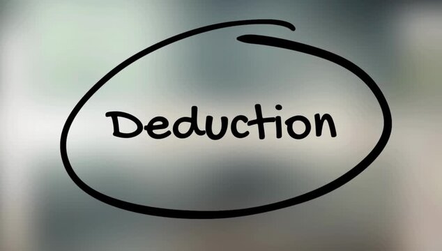 A hand holds a pen writing deduction on a glass board in office