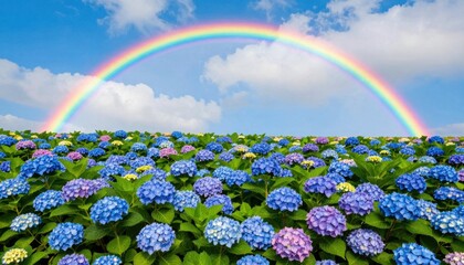 Fototapeta premium Vibrant rainbow over colorful hydrangea fields nature landscape outdoor serenity scenic viewpoint floral beauty