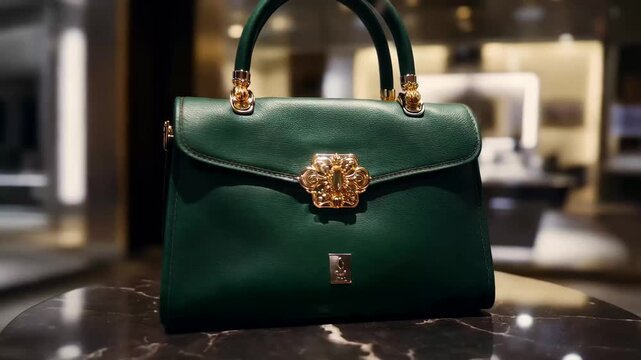 Green handbag on display in a boutique, showcasing fine craftsmanship and design during evening hours