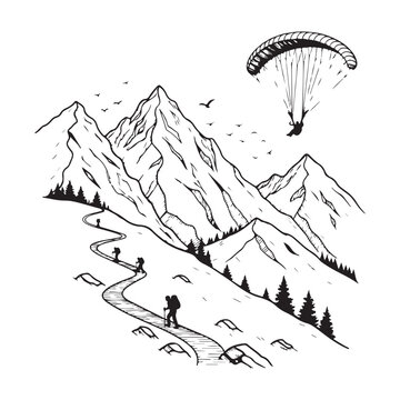 Mountain Hikers Trekking on a Winding Path engraving outline vector art illustration design, line art palm tree, sea, beach, summer view, parashoot vintage palm tree on sea beach.