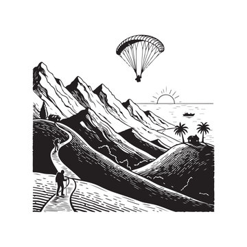 Mountain Hikers Trekking on a Winding Path engraving outline vector art illustration design, line art palm tree, sea, beach, summer view, parashoot vintage palm tree on sea beach.