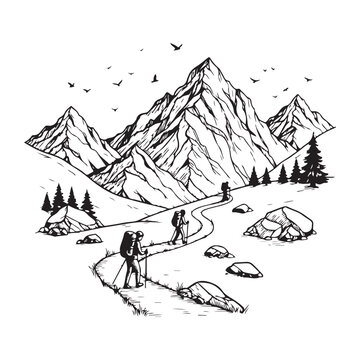 Mountain Hikers Trekking on a Winding Path engraving outline vector art illustration design, line art palm tree, sea, beach, summer view, parashoot vintage palm tree on sea beach.