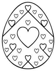 Black and white Easter egg illustration with hearts and decorative lines