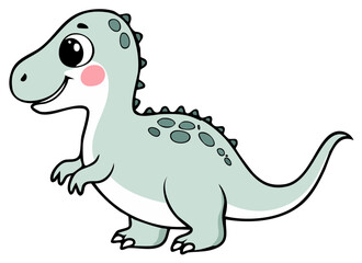 Obraz premium Cute cartoon light blue dinosaur with pink cheeks and green spots looking to the side