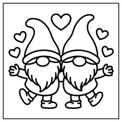Obraz premium Two Gnomes with Hearts Coloring Page outline illustration