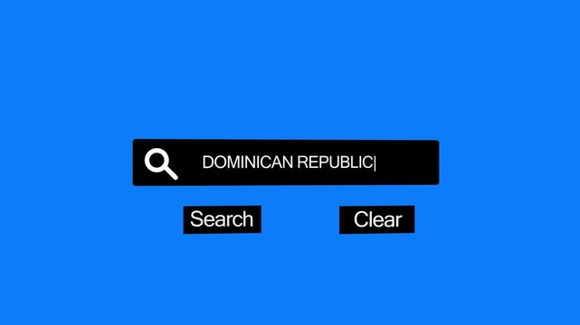 A digital search bar interface the country name DOMINICANREPUBLIC with a magnifying glass and search and clear buttons on a bright blue