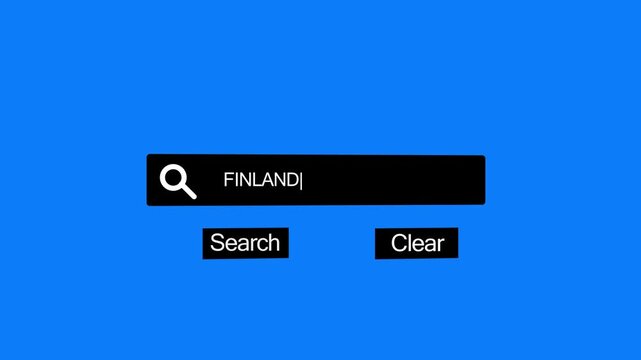 A minimalist featuring a black search bar with the word FINLAND typed and a blinking cursor, presented on a bright solid blue background with