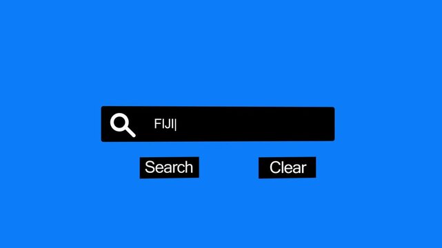 A clean and simple of a black search bar with the word FIJI typed and a blinking cursor, set against a vivid blue background with distinct search and