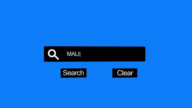 A digital search bar interface the word MALI with a blinking cursor on a vibrant blue background, illustrating online research or information seeking