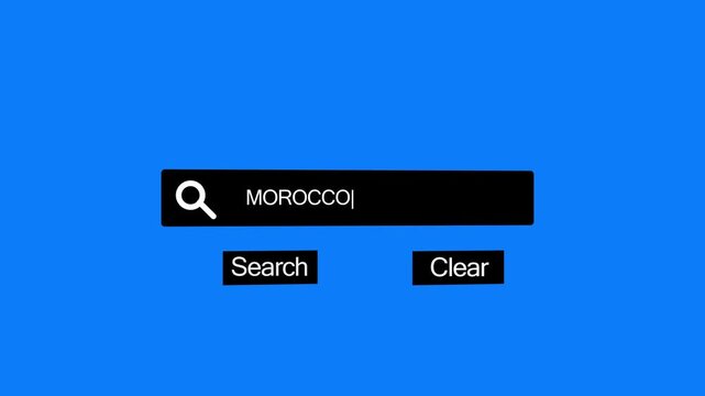 A digital search bar interface the word MOROCO with a magnifying glass and search and clear buttons on a bright blue background symbolizing online