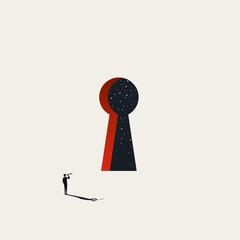 A minimal vector conceptual illustration of business vision. A visionary businessman looks at a keyhole space solution, symbolizing leadership exploration and creativity concept. © jozefmicic