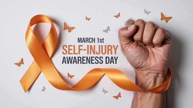 Powerful Human Clenched Fist Wrapped In Orange Ribbon With Delicate Butterflies For Self-Injury Awareness Day Strength and Recovery Campaign