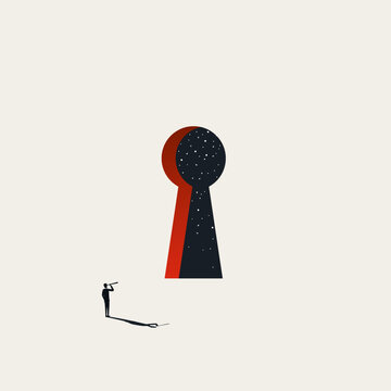 A minimal vector conceptual illustration of business vision. A visionary businessman looks at a keyhole space solution, symbolizing leadership exploration and creativity concept.