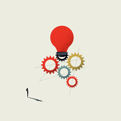 Naklejka na ściany i meble A minimal vector illustration of a business automation process. A woman engineer works with creative lightbulb gears, symbolizing a conceptual idea and technical innovation.
