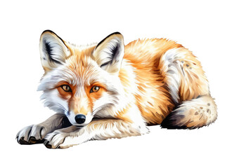 Naklejka premium A photograph of a red fox resting on its side, showcasing its rusty orange fur and bushy tail