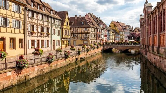 wharf la petite venise colmar narrow canal with colorful half-timbered houses france zoom out video