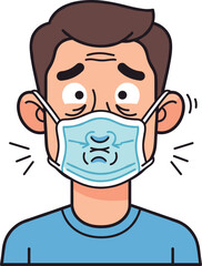 Obraz premium Cartoon Character Man Wearing Protective Face Mask Incorrectly Suctioned to Mouth Showing Difficulty Breathing and Discomfort for Health and Safety Concepts